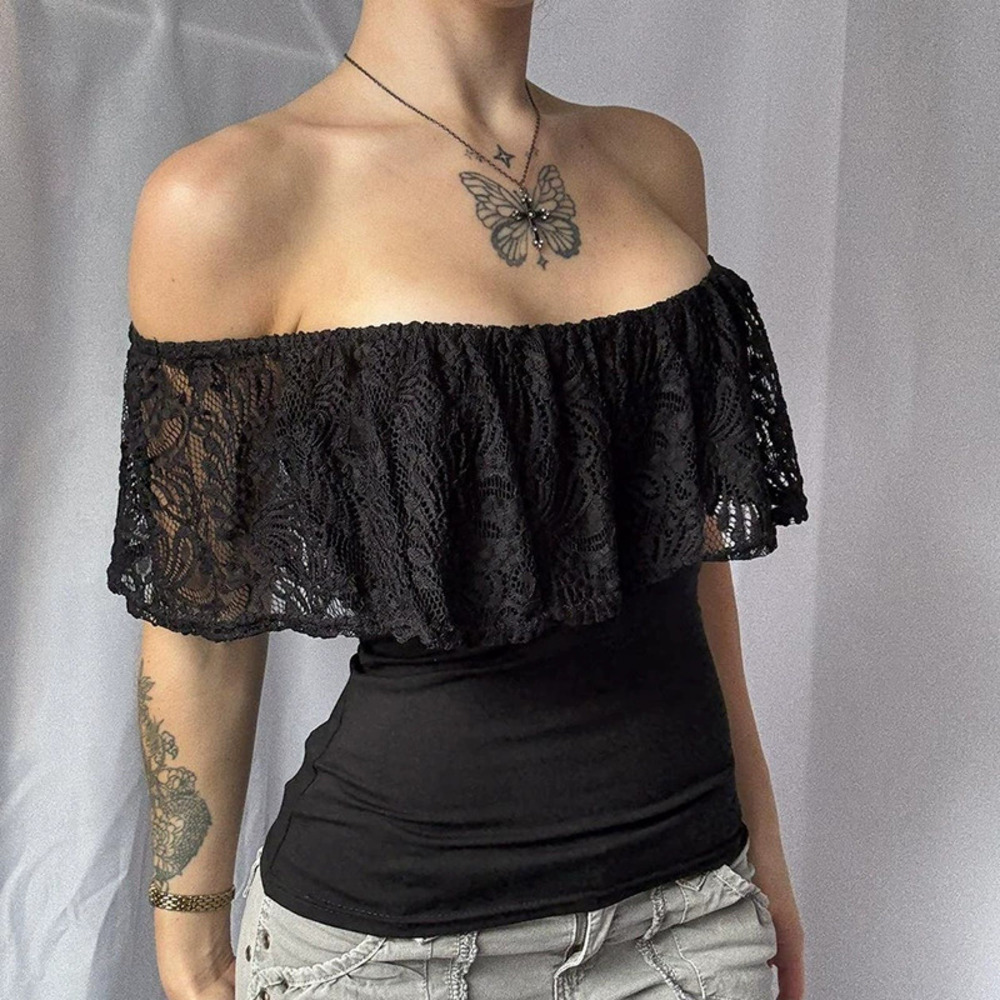 Zara Lace Patch Off Shoulder Solid Color Ruffled Waisted Dark Top